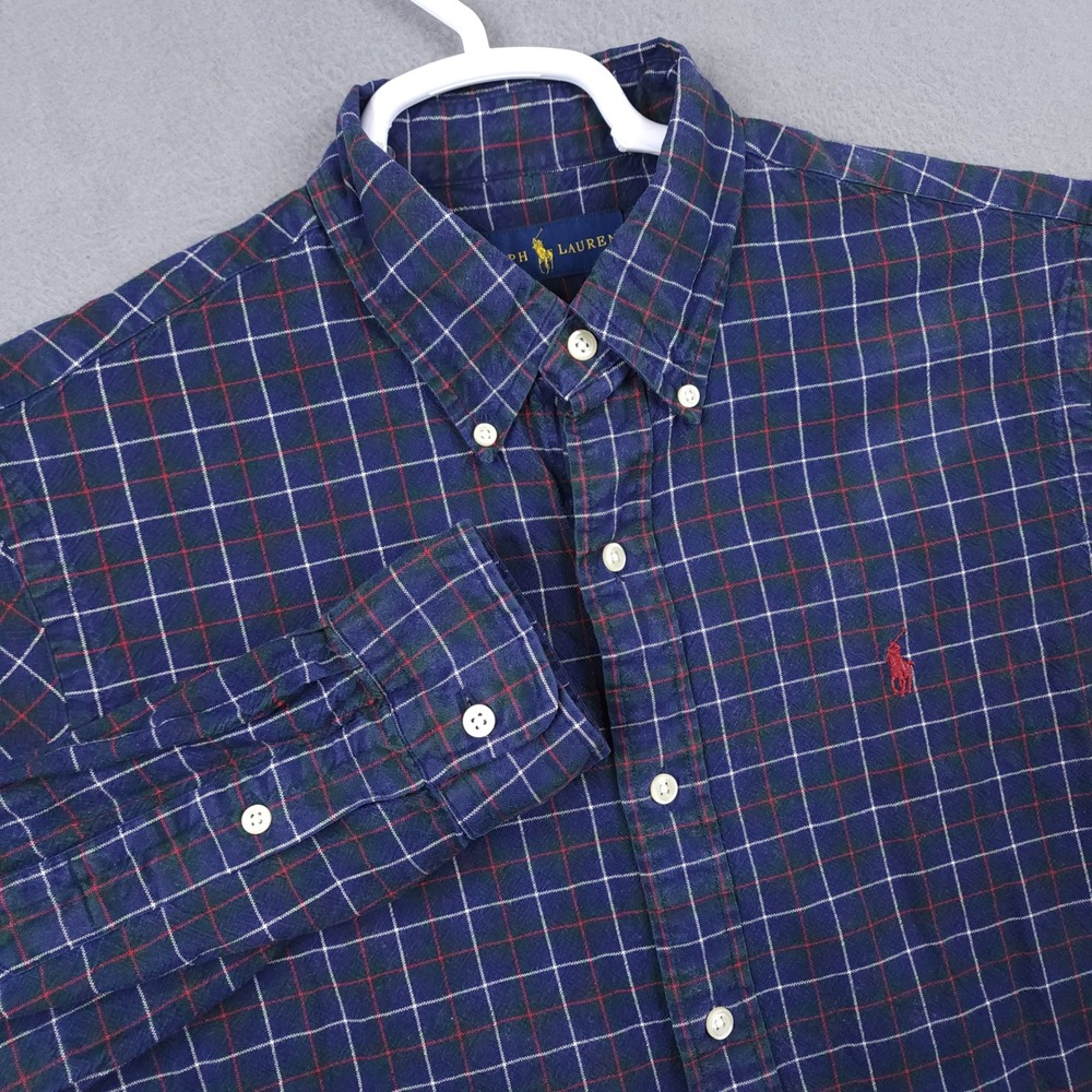 Ralph Lauren Button Down Shirt Mens M Navy Blue Plaid Long Sleeve Pony Logo Top
